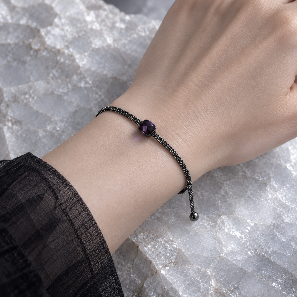 Veil Chain Bracelet worn with the plum slider centered