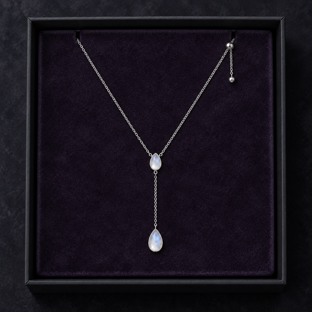 Mira Lariat Necklace in presentation packaging