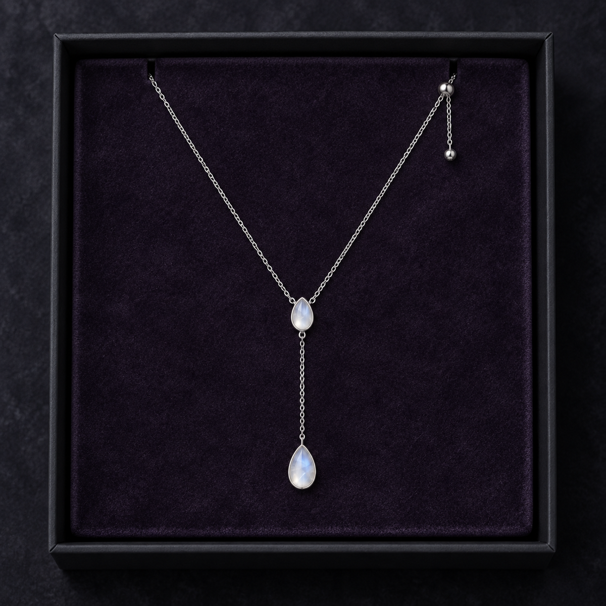 Mira Lariat Necklace in presentation packaging