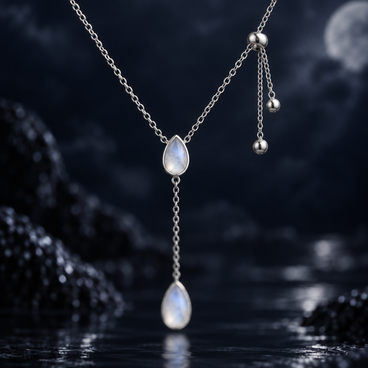 Mira Lariat Necklace slider and drop detail