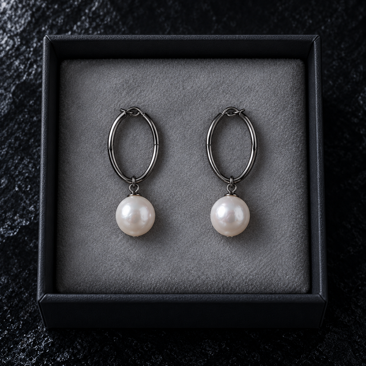 Noctis Pearl Hoops in presentation packaging