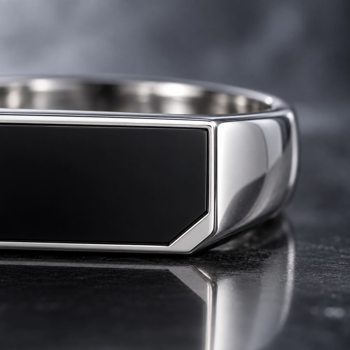 Oryn Signet Ring flush inlay and bevel detail