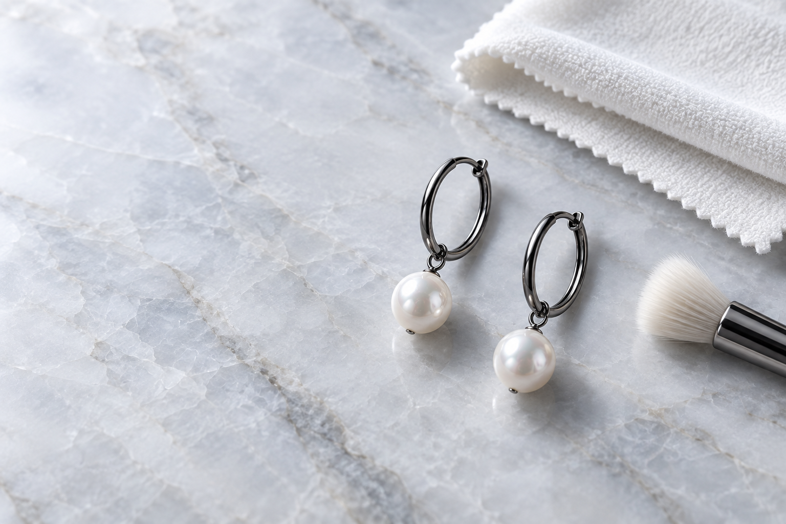 Gentle jewelry care tools with Noctis Pearl Hoops